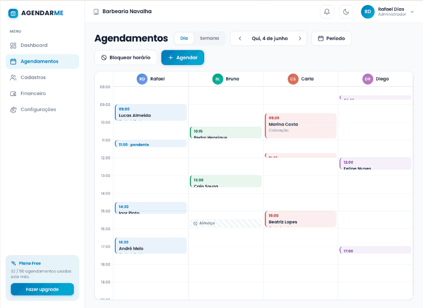 Tela de agendamentos do AGENDARME, vista da agenda