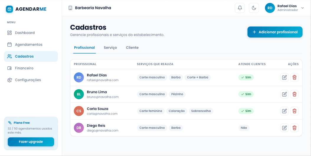 Tela de cadastros do AGENDARME com profissionais e serviços